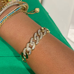 14K Gold Pavé Five Diamond Cuban Link Chain Bracelet, 12.5mm Size Links