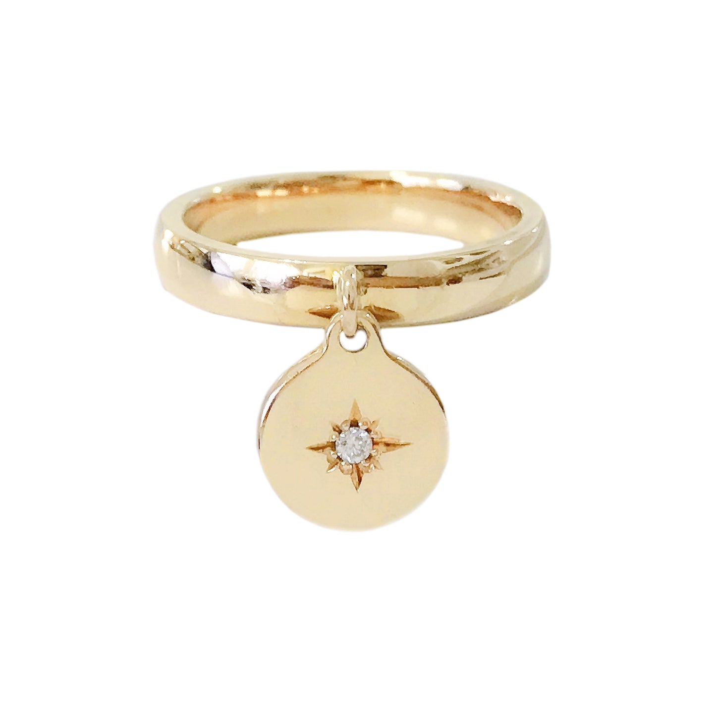 14K Gold Star Set Diamond Round Charm Ring