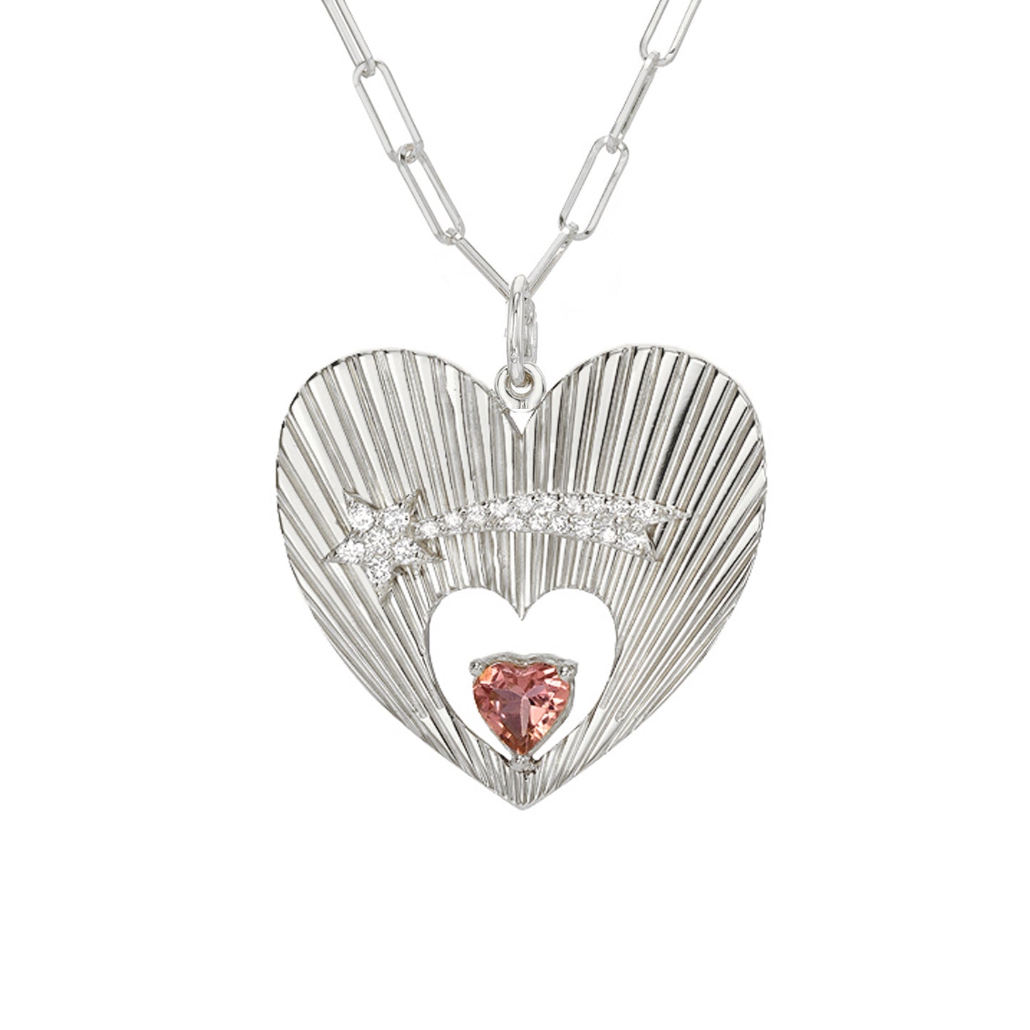 14K Gold Pavé Diamond Shooting Star Fluted Heart Medallion Necklace With Solitaire Tourmaline