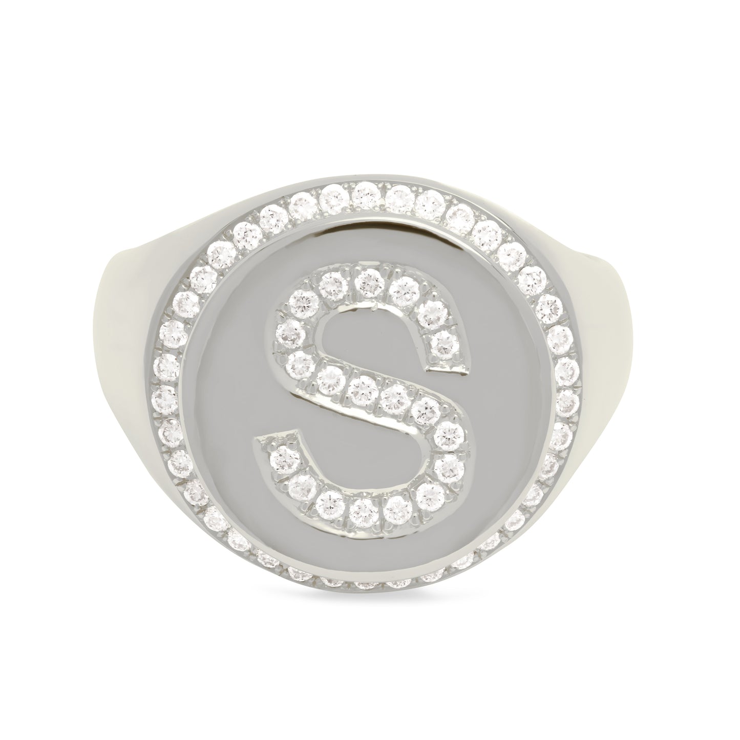 14K Gold Pavé Diamond Initial Large Round Signet Ring