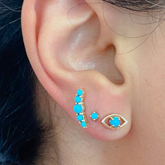 14K Gold Turquoise Crescent Climber Stud Earrings