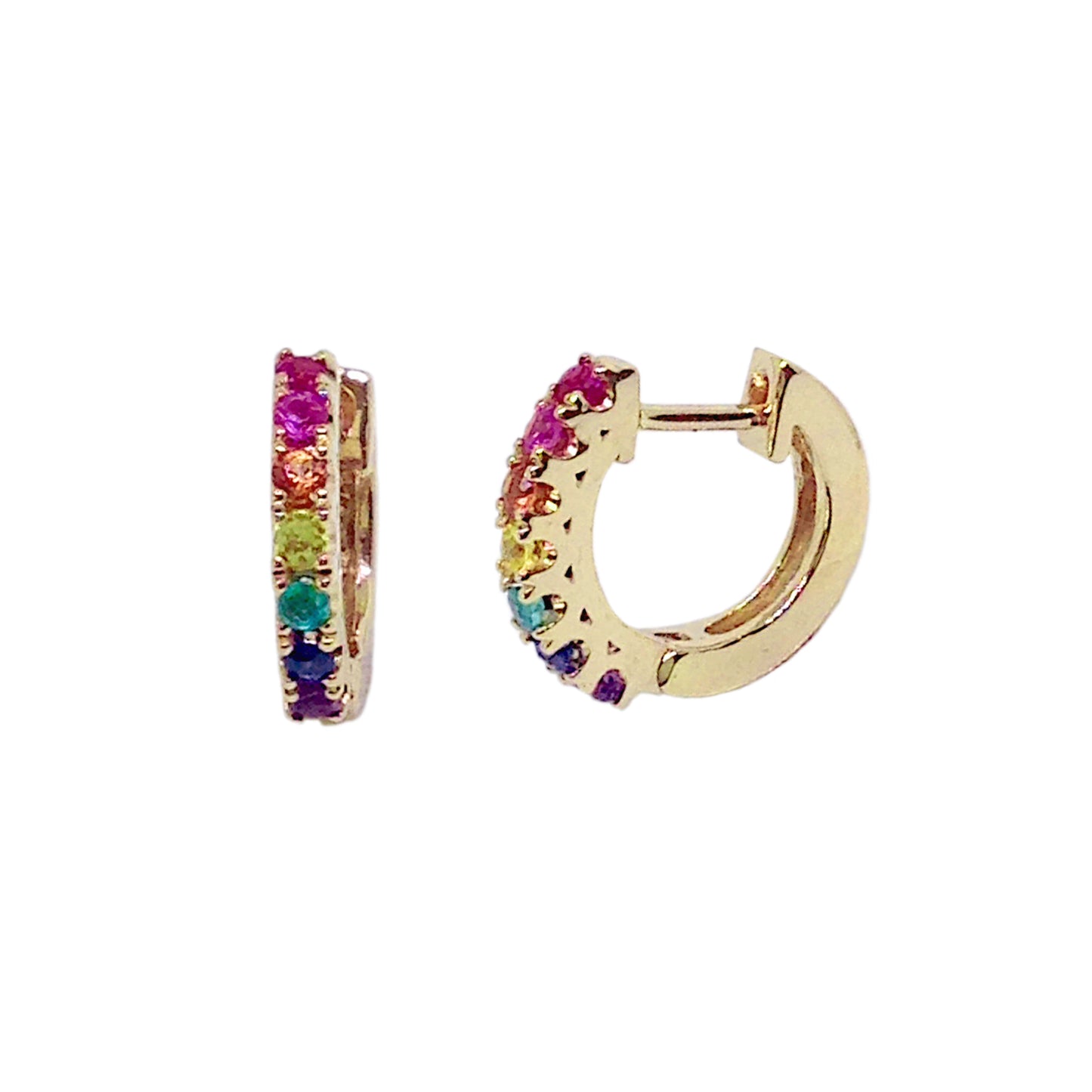 14K Gold Rainbow Gemstone Thick Huggie Hoop Earrings (11mm x 6mm)