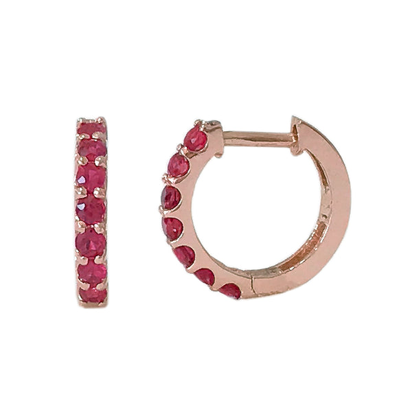14K Gold Ruby Huggie Hoop Earrings 14K Rose Gold