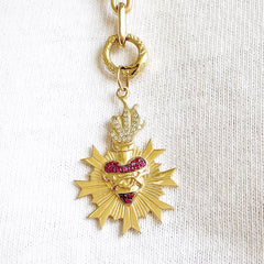 14K Gold Pavé Diamond & Ruby Flaming Sacred Heart Medallion Necklace ~ In Stock!