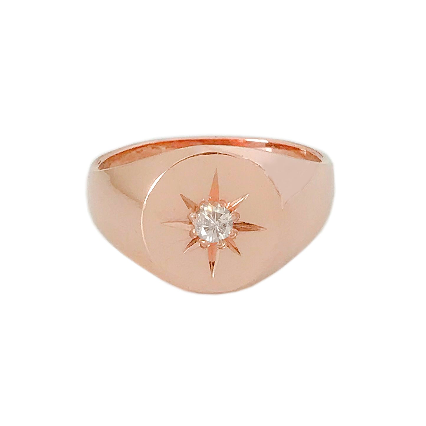 14K Gold Star Set Diamond Round Signet Ring