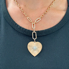 14K Gold Pavé Diamond Starburst Fluted Heart Medallion Pendant, XL Size