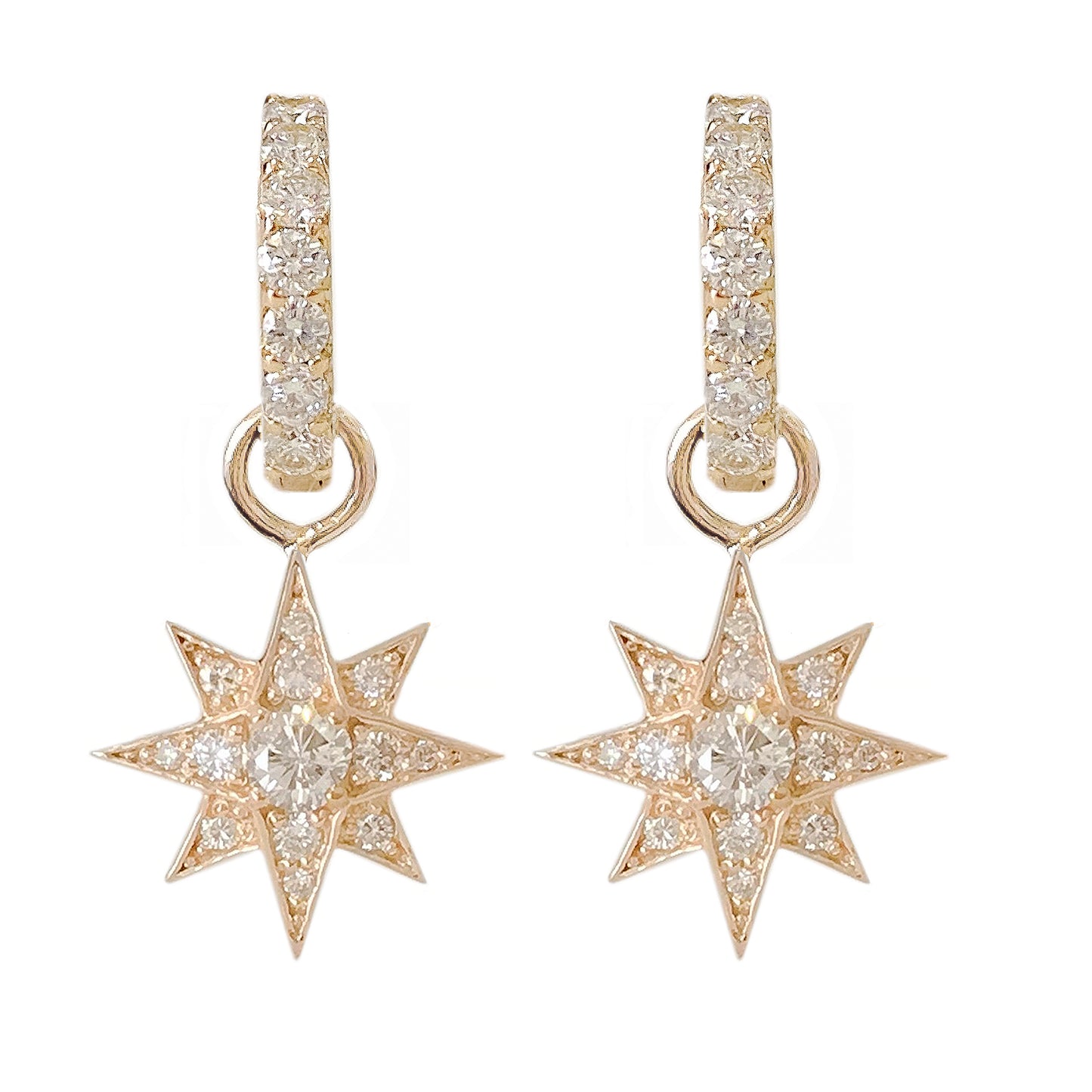 14K Gold Pavé Diamond Starburst Dangle Huggie Hoop Earrings ~ Convertible Large Size Starburst Charm