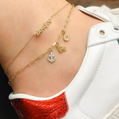 14K Gold Nameplate Charm Ankle Bracelet (Anklet) ~ Block Font