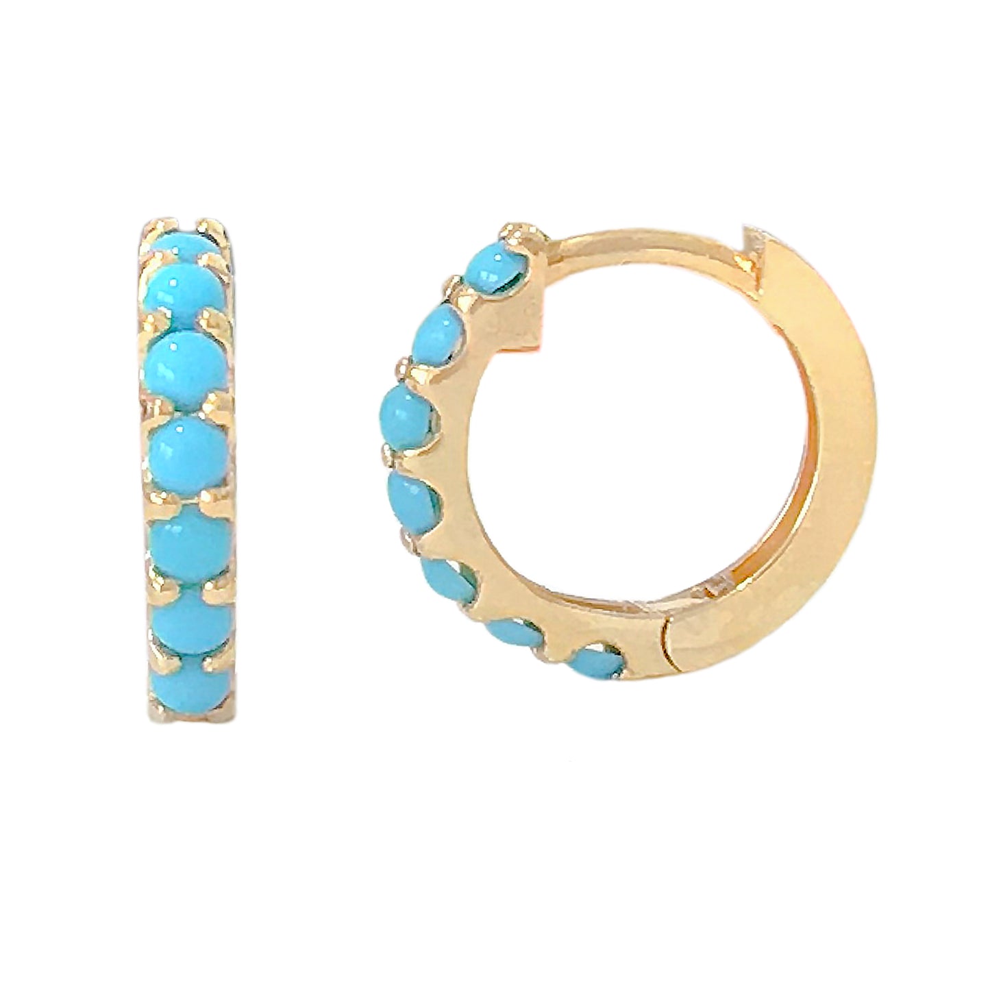 14K Gold Turquoise Gemstone Thick Huggie Hoop Earrings (13.75mm x 9.5mm)