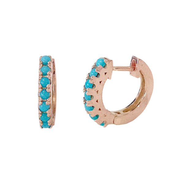 14K Gold Turquoise Cabochon Thick Huggie Hoop Earrings (11mm