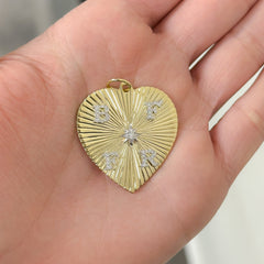 14K Gold Pavé Diamond Four Initial Fluted Heart Medallion Pendant, XL Size