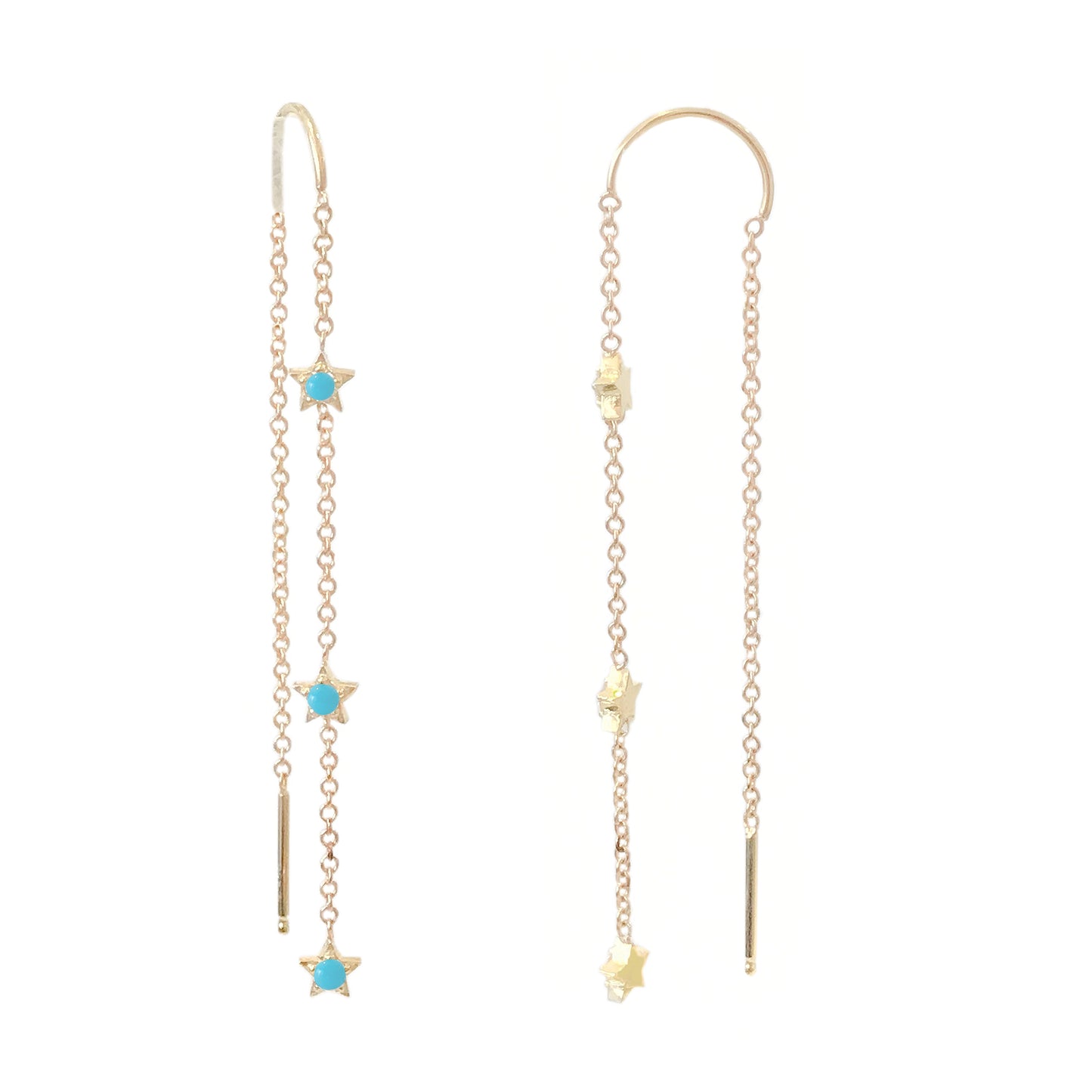 14K Gold Triple Turquoise Star Threader Chain Earrings
