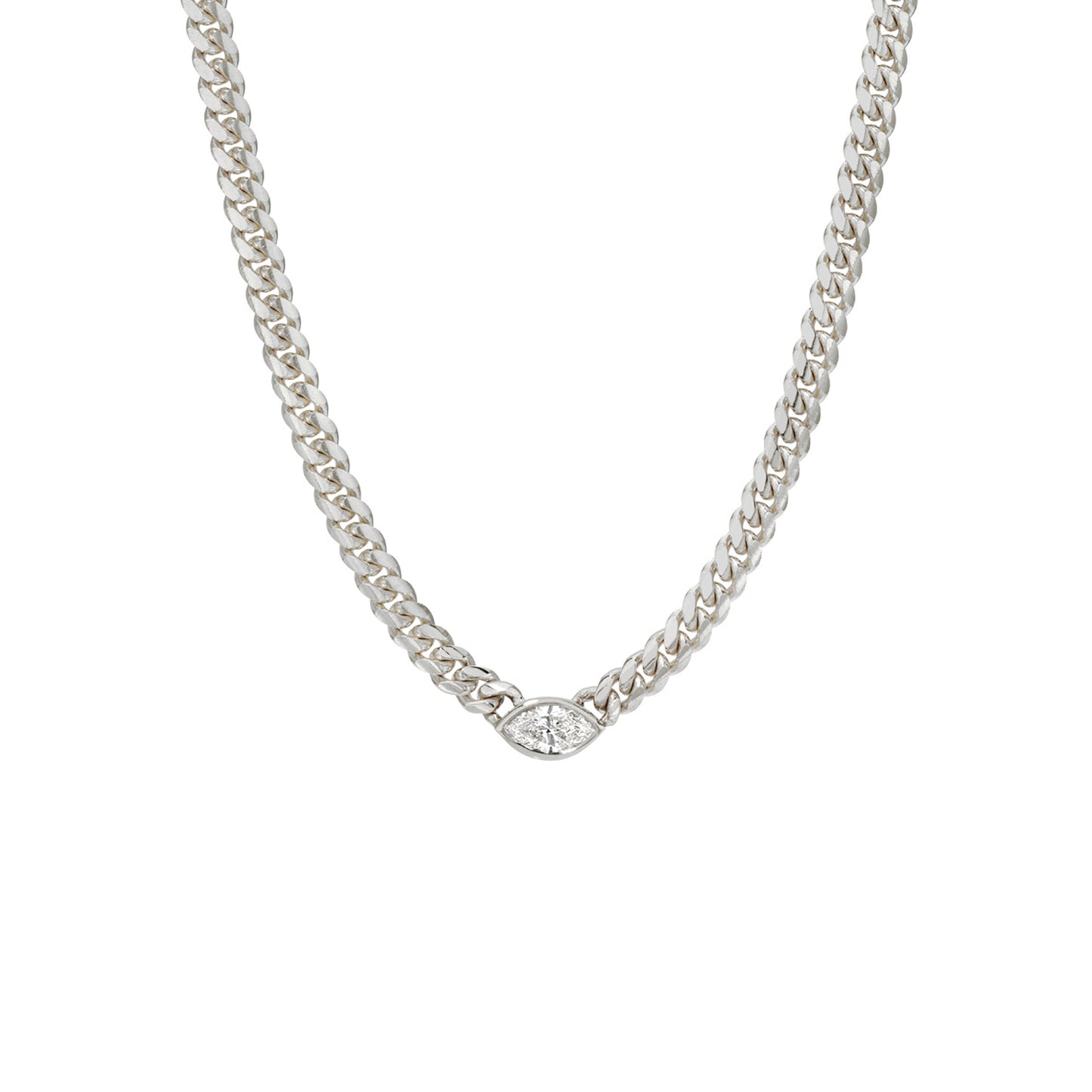 14K Gold Diamond Marquise Solitaire Miami Cuban Link Chain Necklace