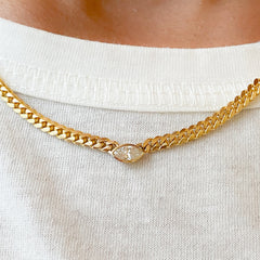 14K Gold Diamond Marquise Solitaire Cuban Link Chain Necklace