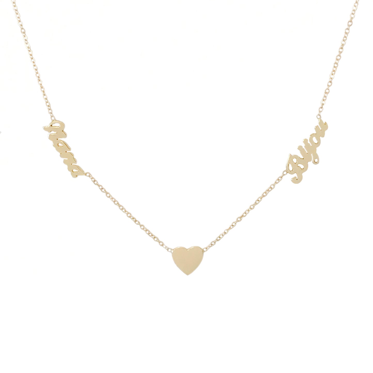 14K Gold Double Name Heart Charm Pendant Necklace ~ Script Font