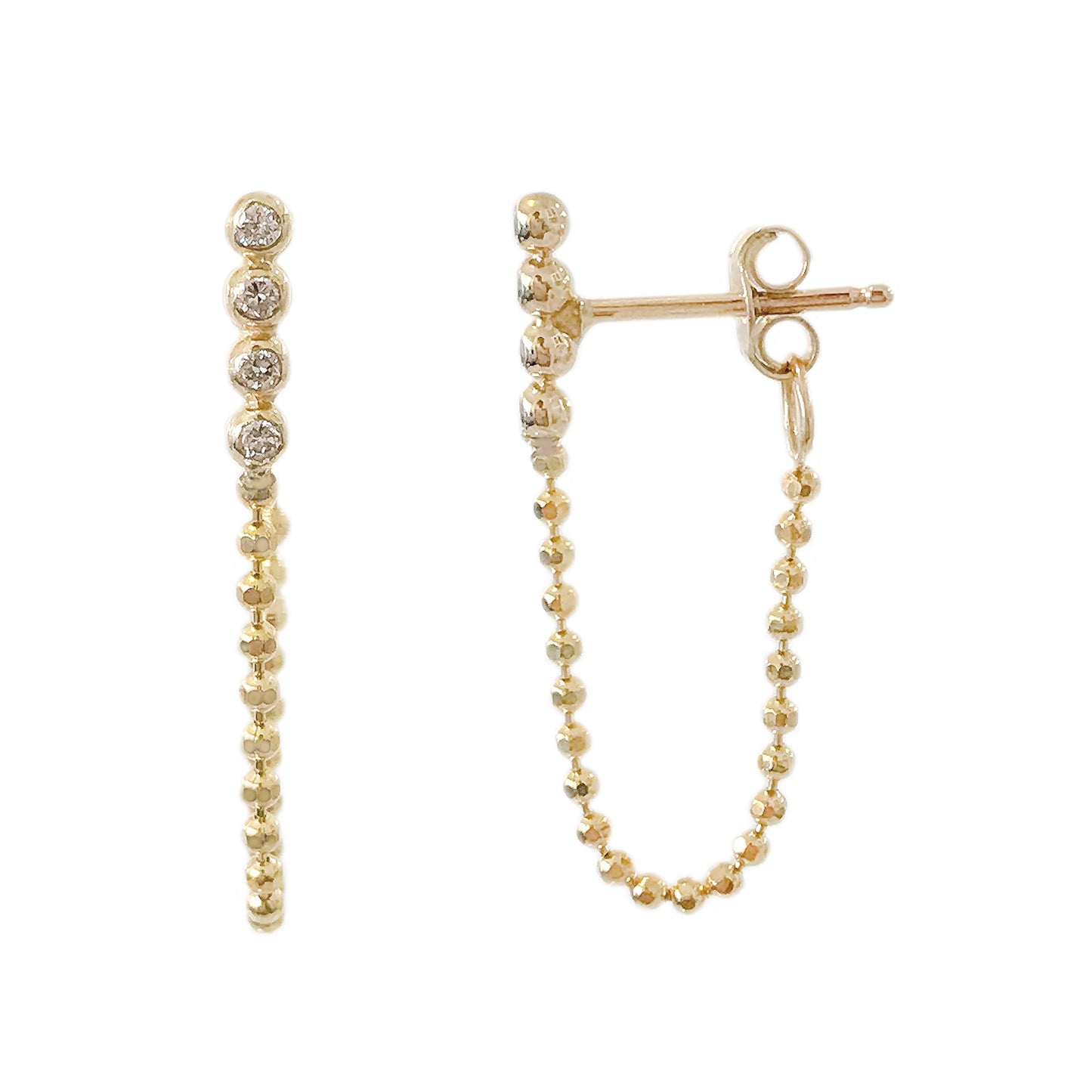 14K Gold Diamond Ball Bar Chain Dangle Stud Earrings