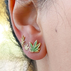 14K Gold Enameled Marijuana Leaf Stud Earrings