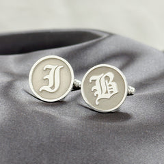 Sterling Silver Initial Letter Cameo Engraved Coin Cufflinks, Old English Font