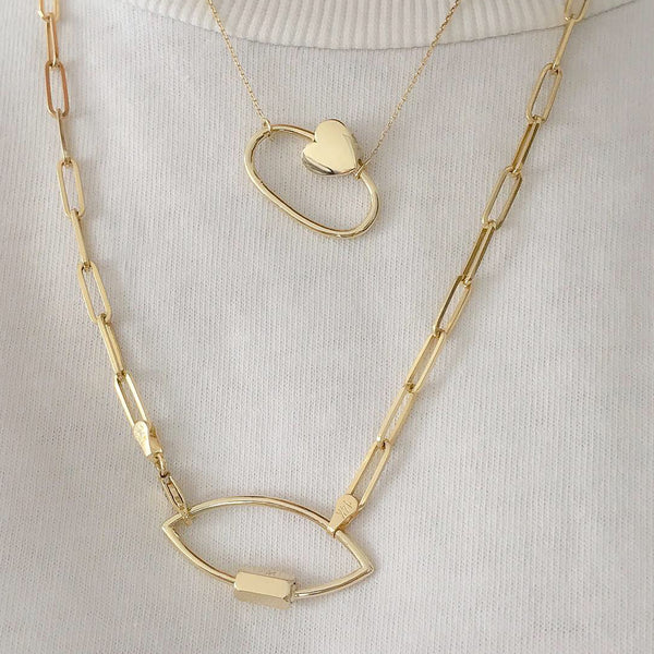 Lock Charm on Gold-Filled Paperclip Necklace with Heart Carabiner