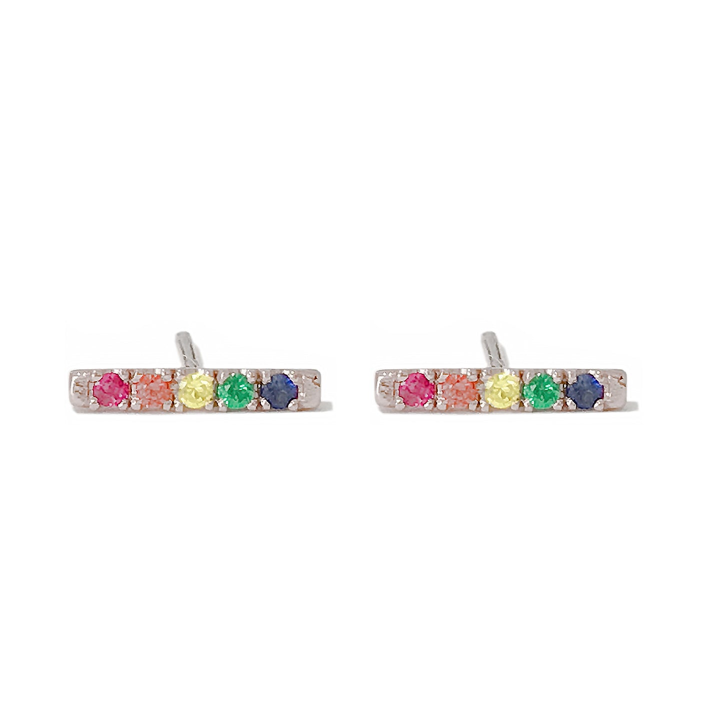 14K Gold Small Pavé Rainbow Gemstone Bar Stud Earrings