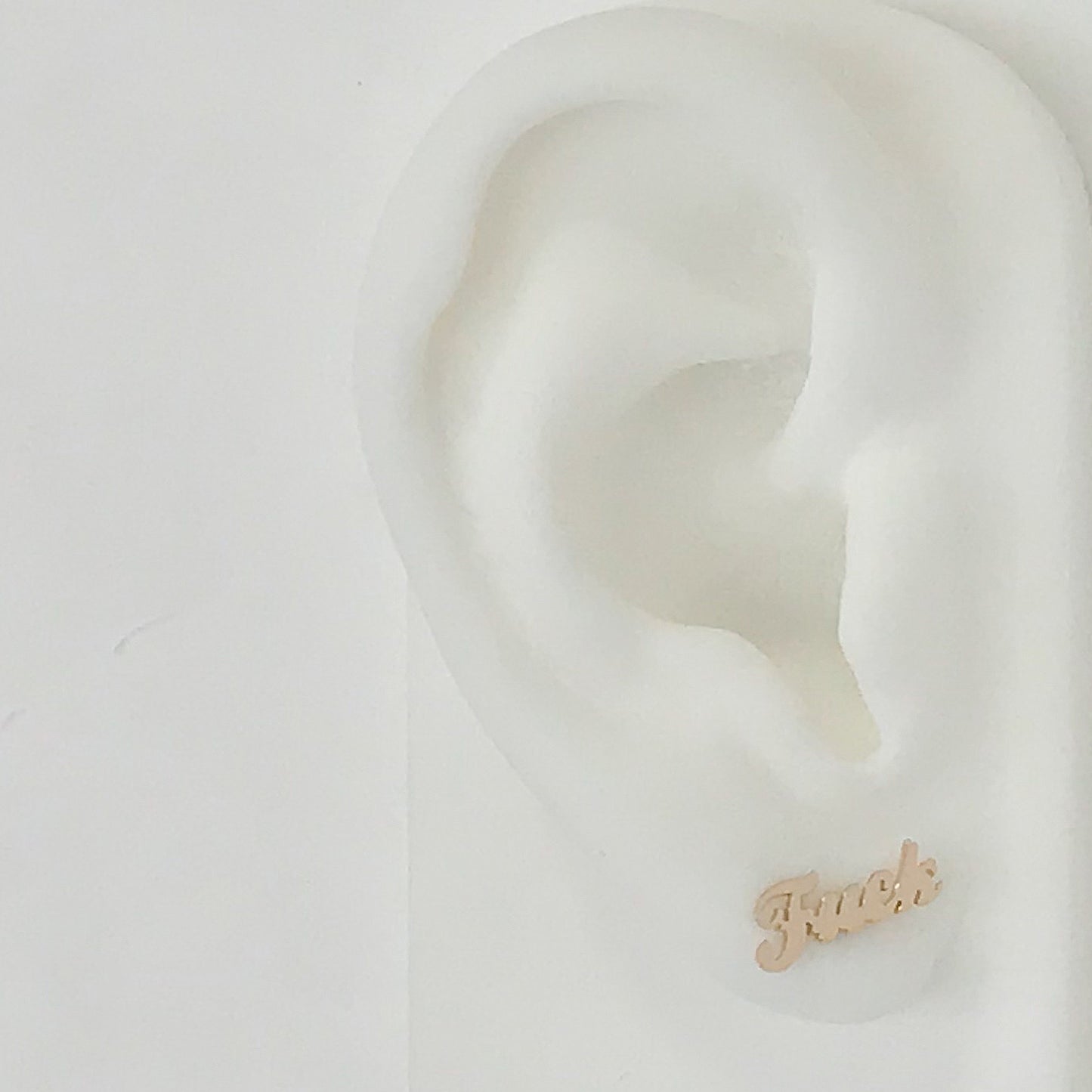 14K Gold 'Fuck' Stud Earrings, Script Font