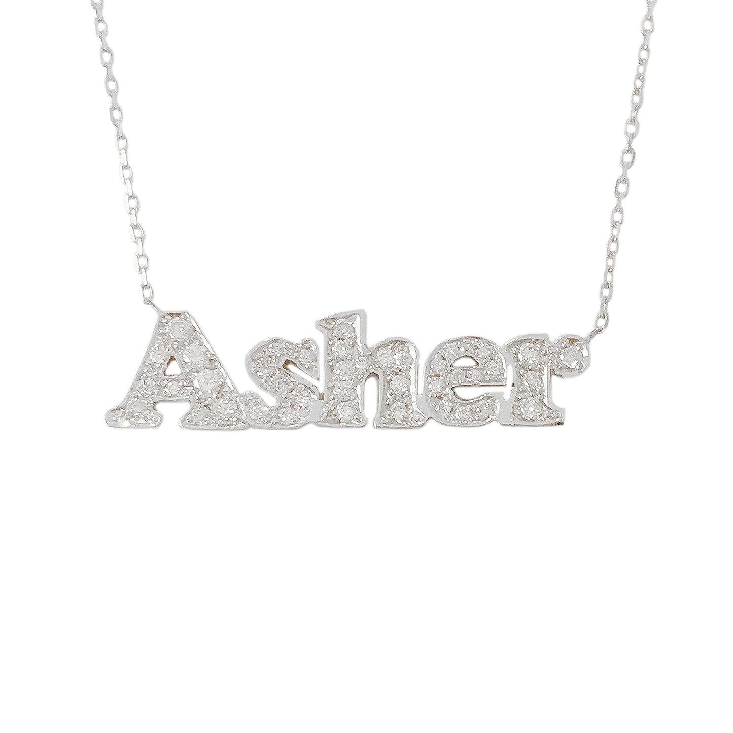 14K Gold Pavé Diamond Nameplate Pendant Necklace ~ Block Font