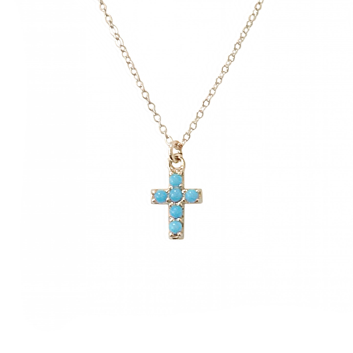14K Gold Pavé Turquoise Cross Necklace, Small Size