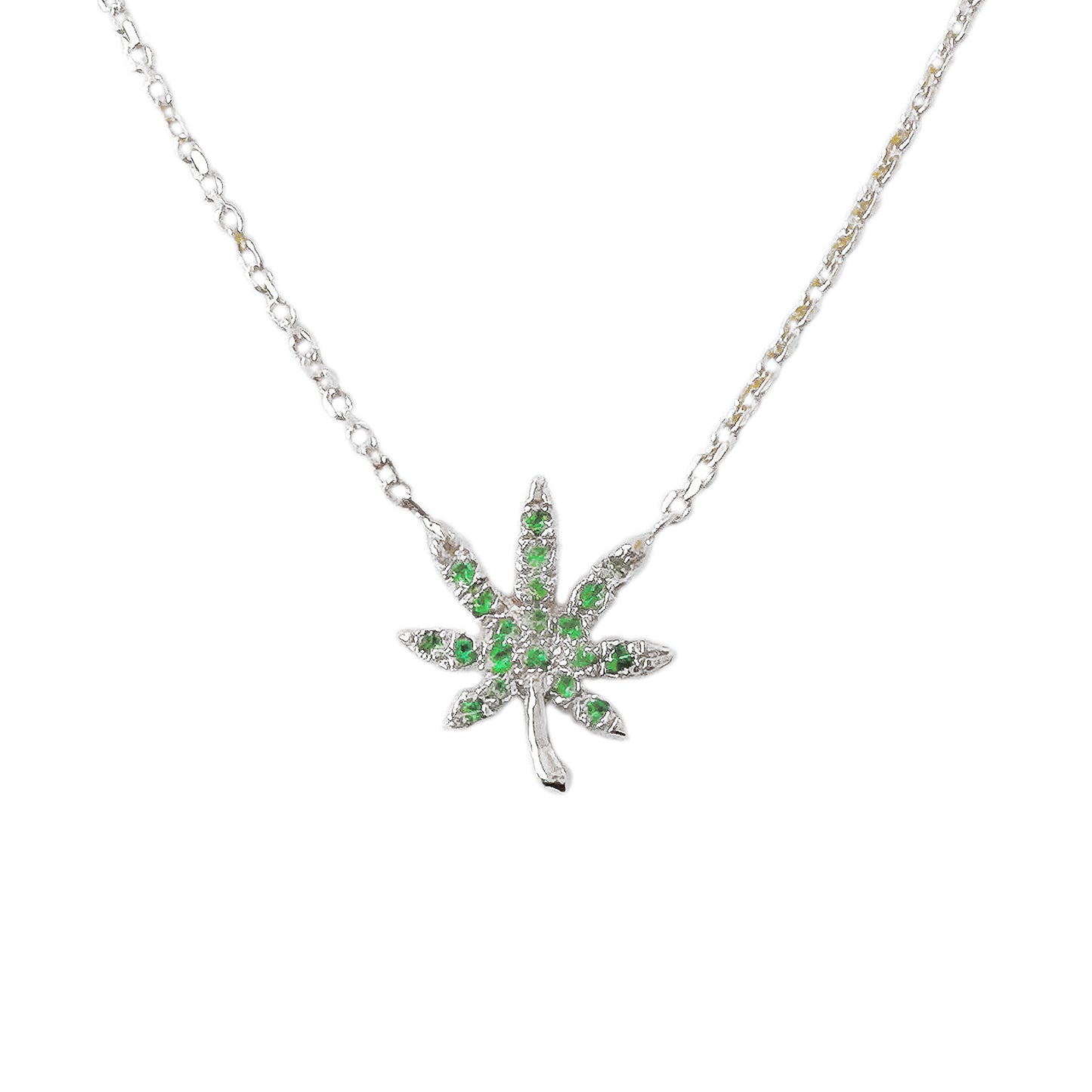 14K Gold Emerald Marijuana Leaf Necklace