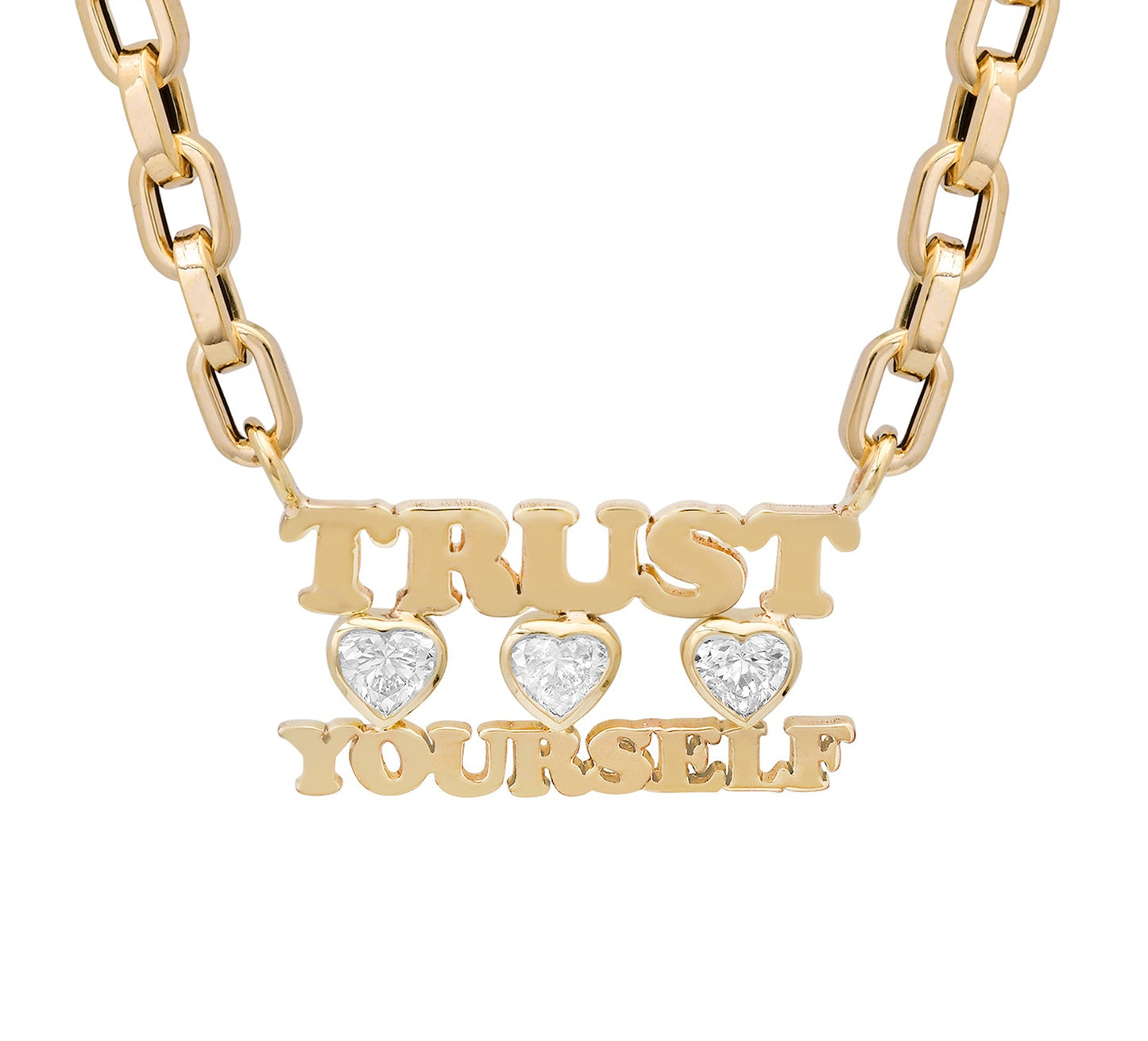 Custom 14K gold double name necklace with bezel-set diamond heart charm
