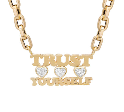 Custom 14K gold double name necklace with bezel-set diamond heart charm
