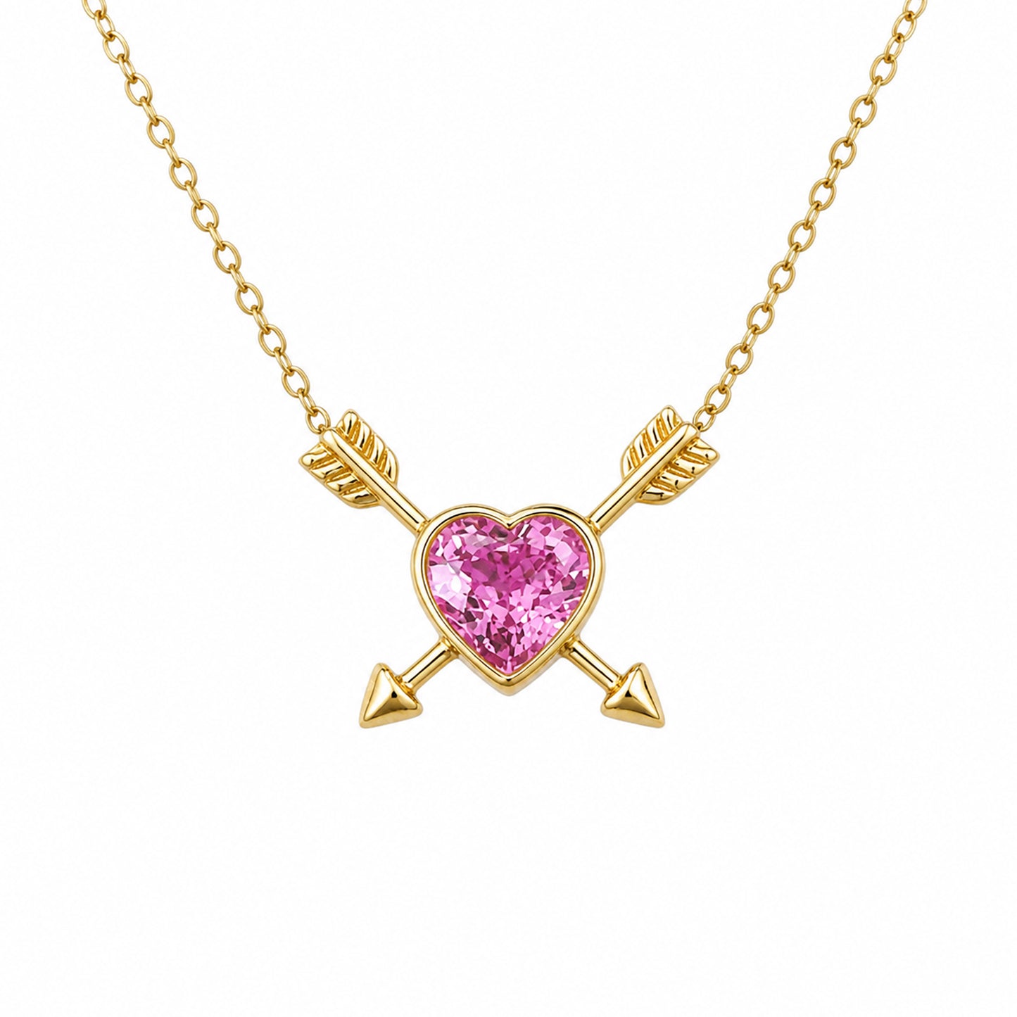 Colored Sapphire Heart Solitaire 14K Gold Double Arrow Necklace