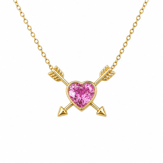 Colored Sapphire Heart Solitaire 14K Gold Double Arrow Necklace
