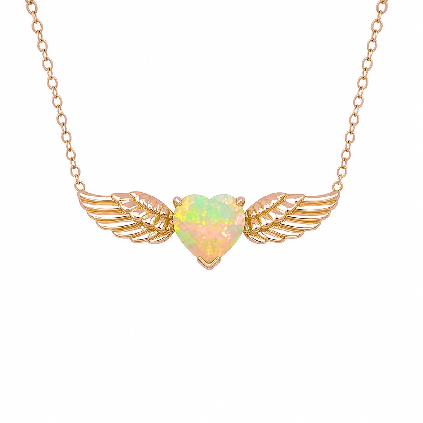 14K Gold Opal Solitaire Flying Heart Necklace