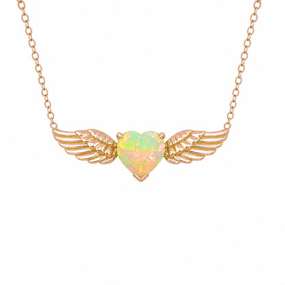 14K Gold Opal Solitaire Flying Heart Necklace