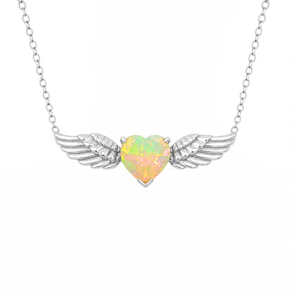 14K Gold Opal Solitaire Flying Heart Necklace