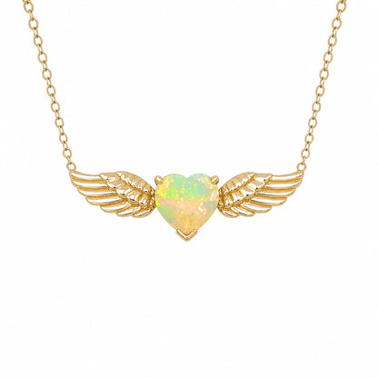 14K Gold Opal Solitaire Flying Heart Necklace