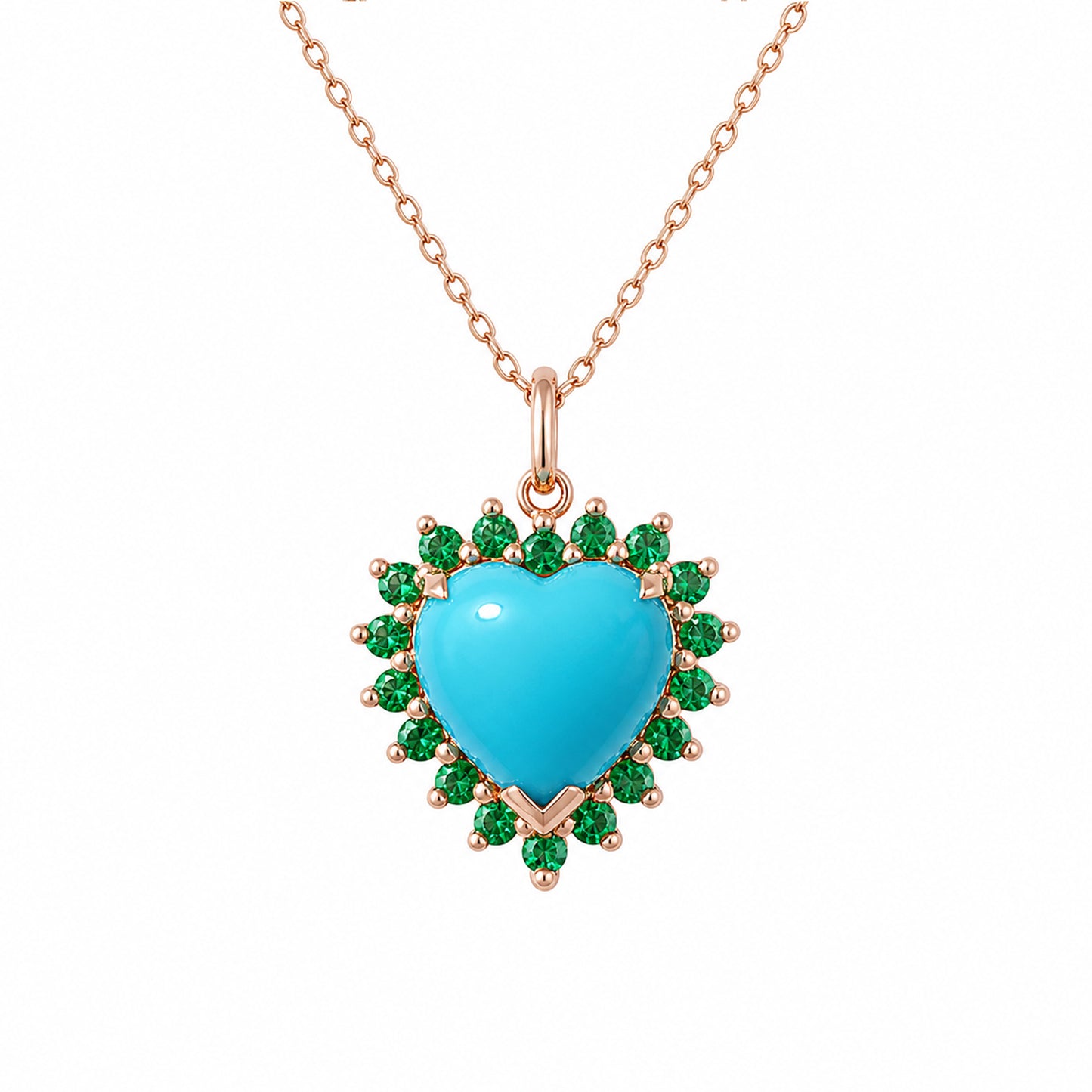 14K Gold Turquoise & Emerald Halo Heart Solitaire Necklace