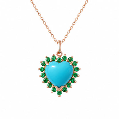 14K Gold Turquoise & Emerald Halo Heart Solitaire Necklace