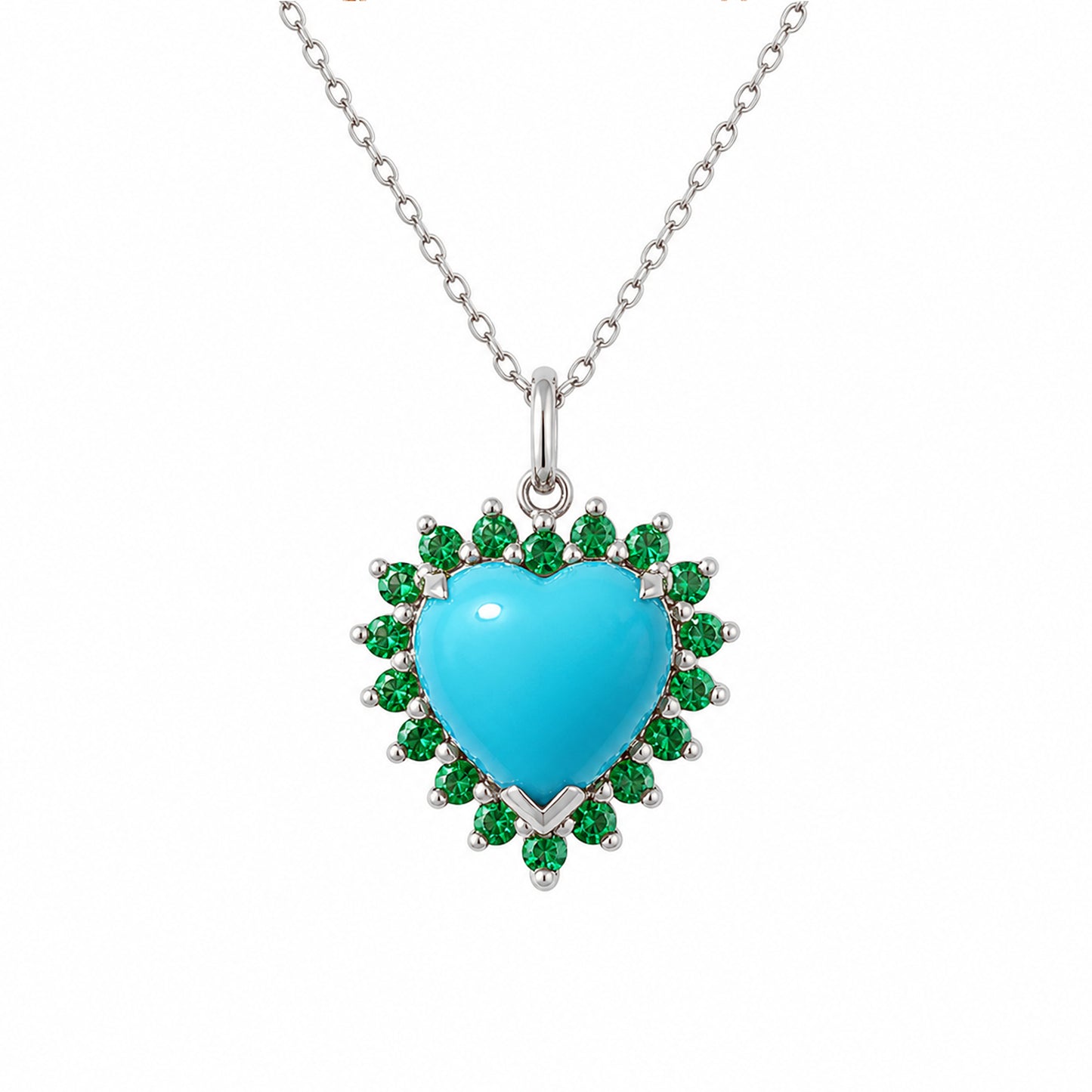 14K Gold Turquoise & Emerald Halo Heart Solitaire Necklace