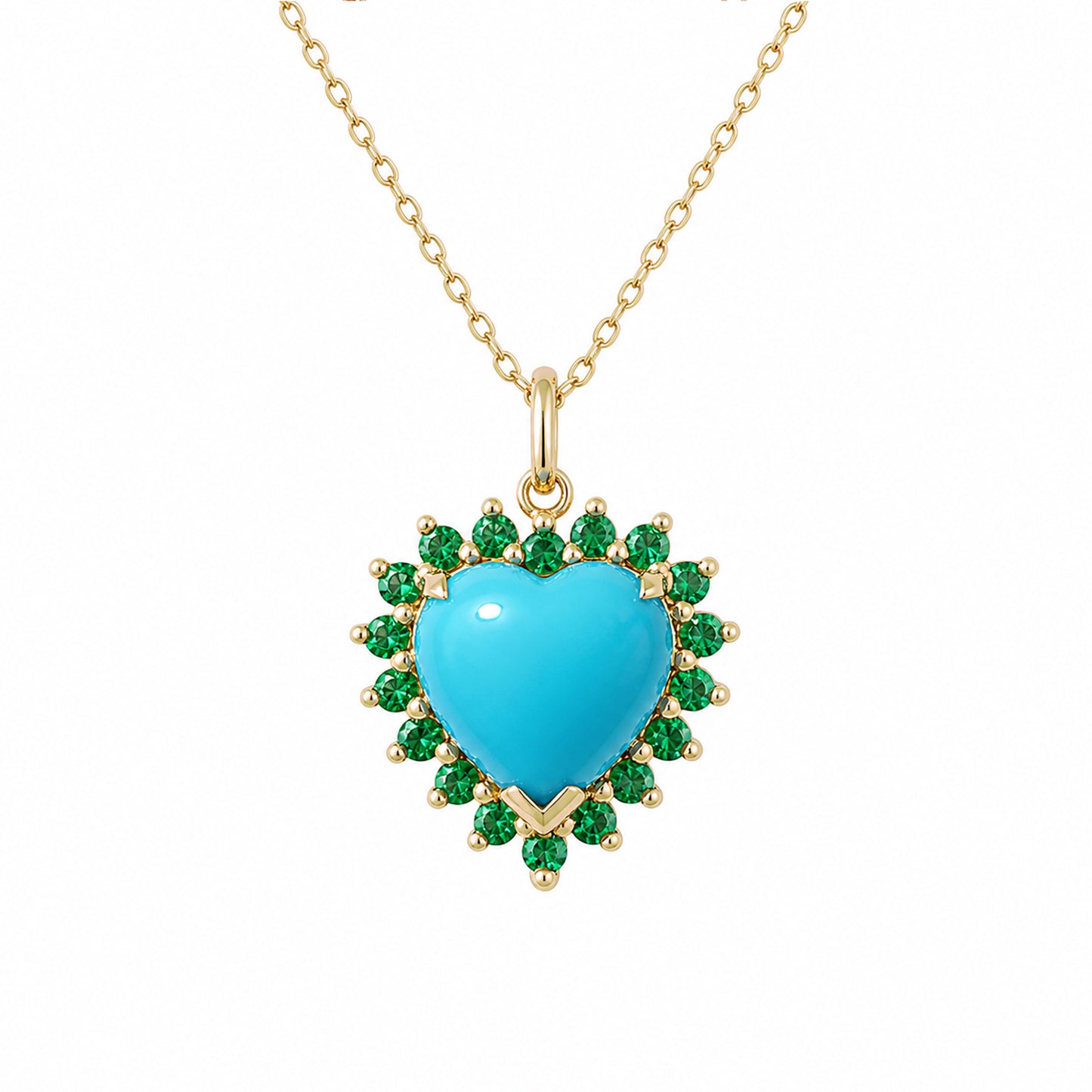 14K Gold Turquoise & Emerald Halo Heart Solitaire Necklace