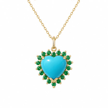 14K Gold Turquoise & Emerald Halo Heart Solitaire Necklace