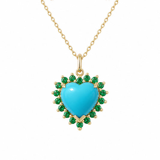 14K Gold Turquoise & Emerald Halo Heart Solitaire Necklace