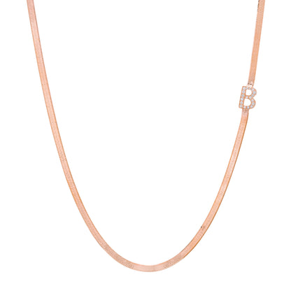 14K Gold Diamond Initial Herringbone Chain Necklace ~ 2.3mm Width