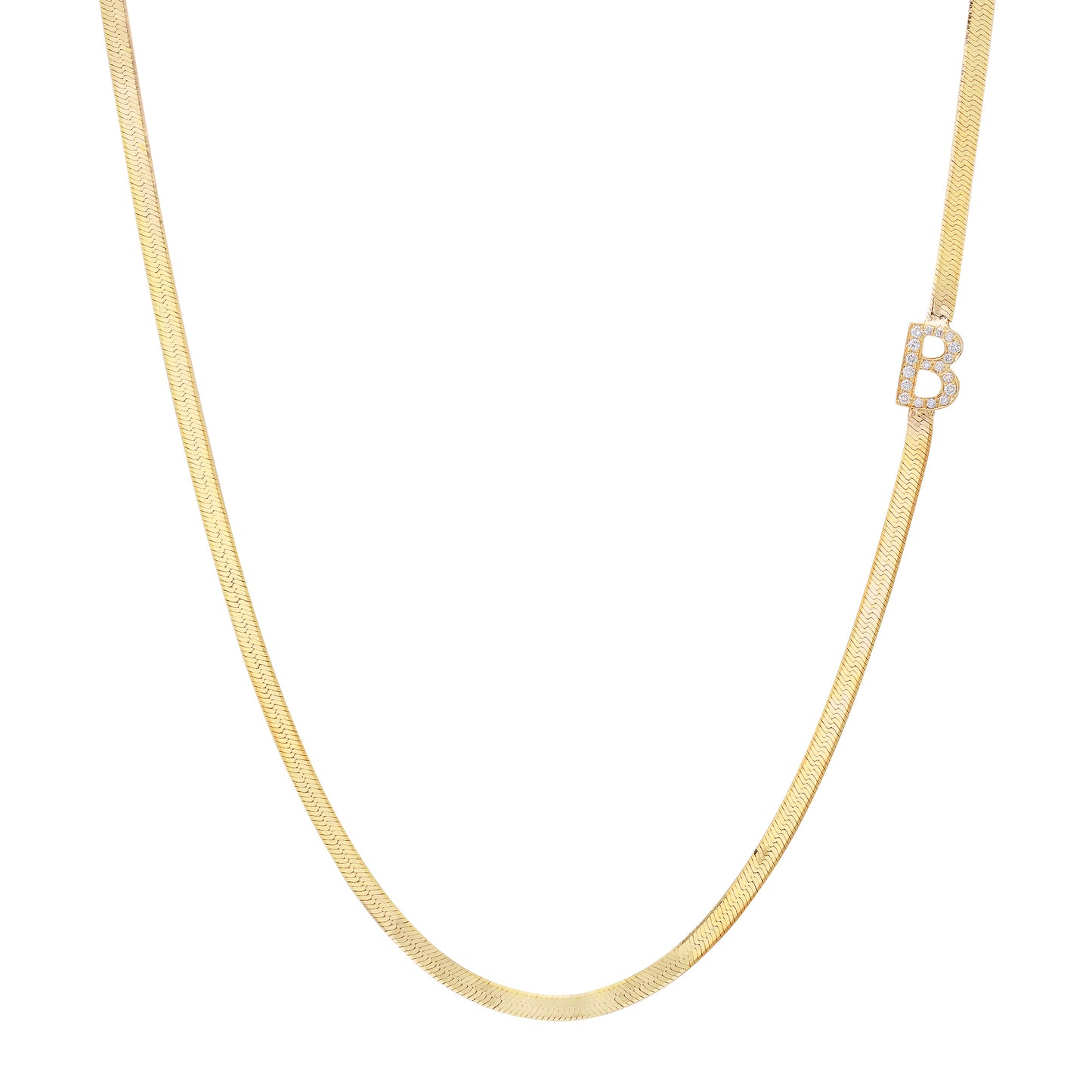 14K Gold Diamond Initial Herringbone Chain Necklace ~ 2.3mm Width