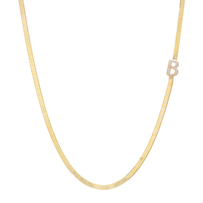 14K Gold Diamond Initial Herringbone Chain Necklace ~ 2.3mm Width