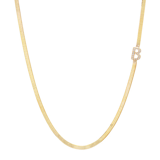 14K Gold Diamond Initial Herringbone Chain Necklace ~ 2.3mm Width