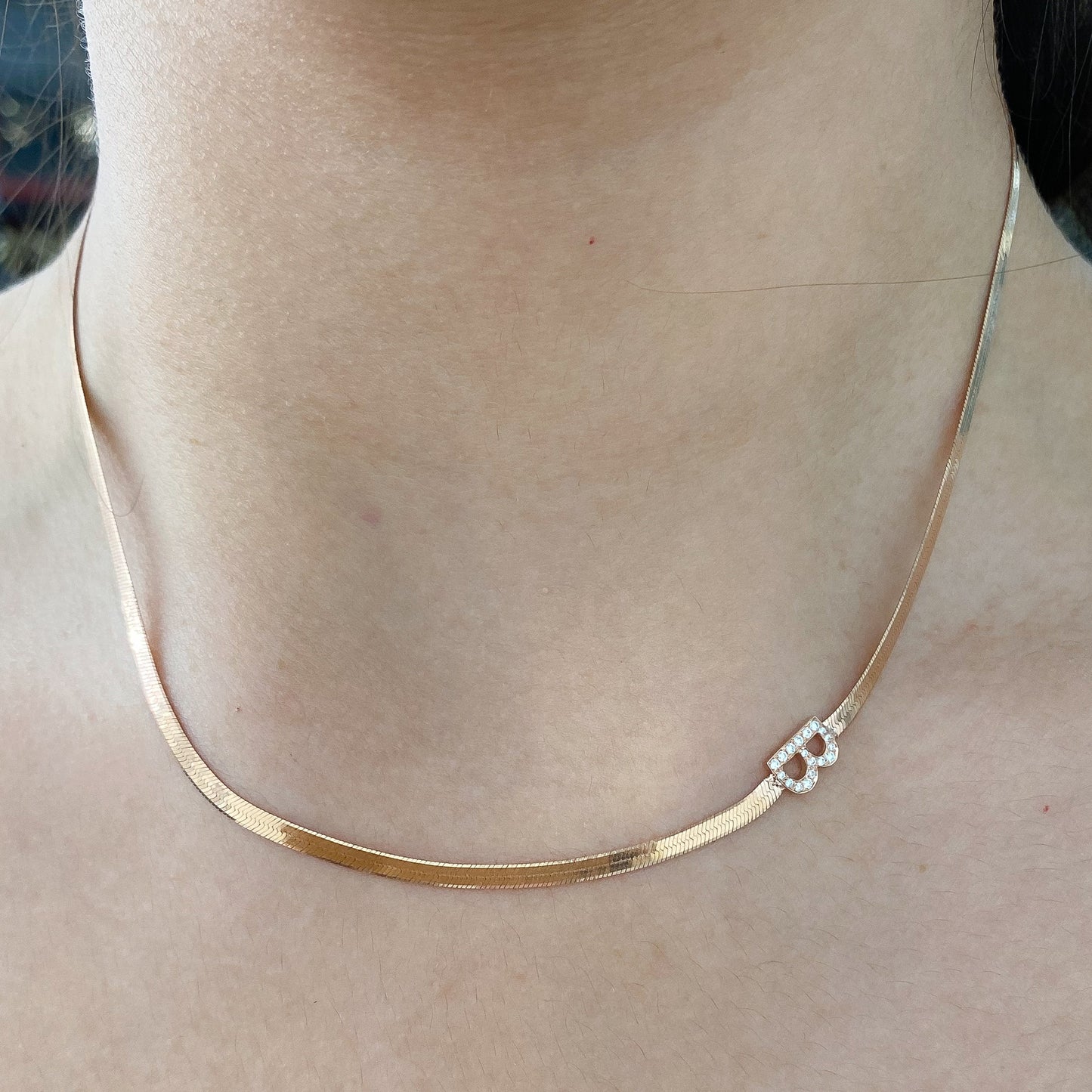 14K Gold Diamond Initial Herringbone Chain Necklace ~ 2.3mm Width