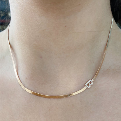 14K Gold Diamond Initial Herringbone Chain Necklace ~ 2.3mm Width