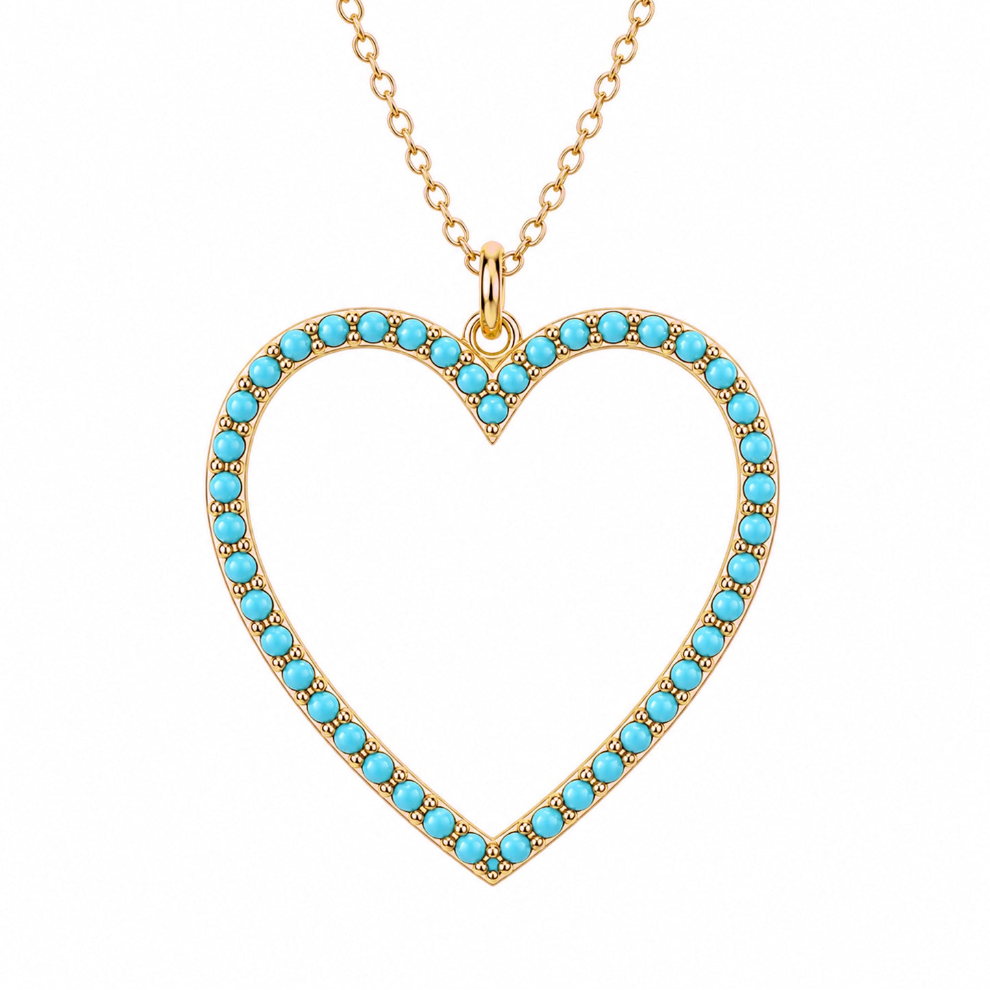 14K Gold Turquoise Heart Shape Frame Necklace, Large Size