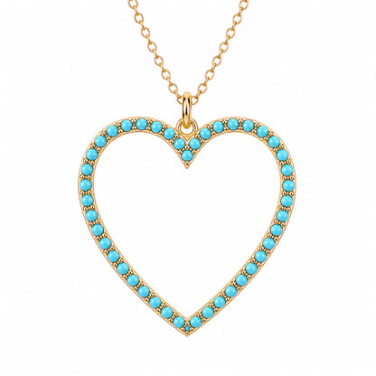 14K Gold Turquoise Heart Shape Frame Necklace, Large Size